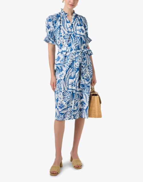 Vera Tropical Hibiscus Print Blue Cotton Shirt Style Dress