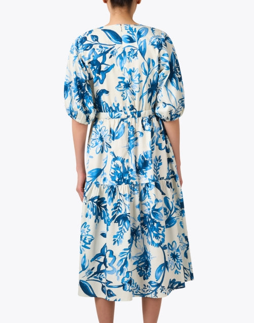 Joyce Feminine Blue and White Floral Print Cotton Dress with Adjustable Waist