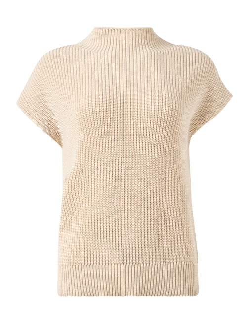 Beige Cotton Blend Cap Sleeve Mock Neck Sleeveless Sweater for Layering