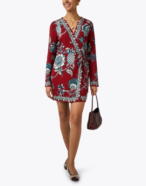 Stylish Red Wrap Dress with Intricate Print Design