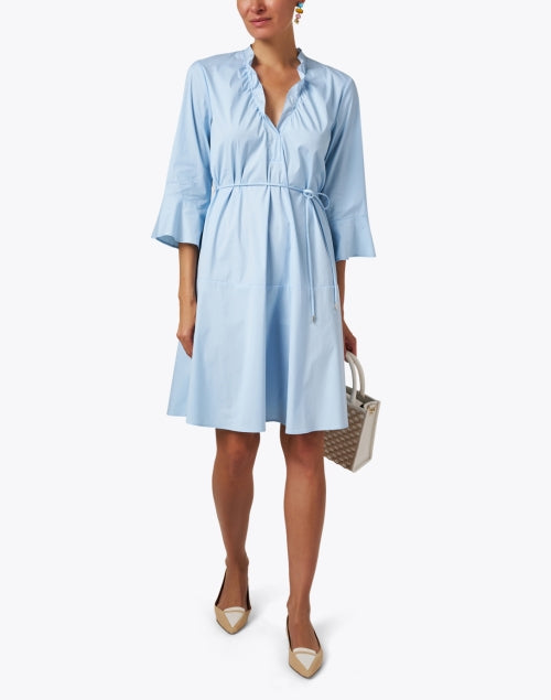 Stylish Blue Stretch Cotton A-Line Dress with Self-Tie Belt