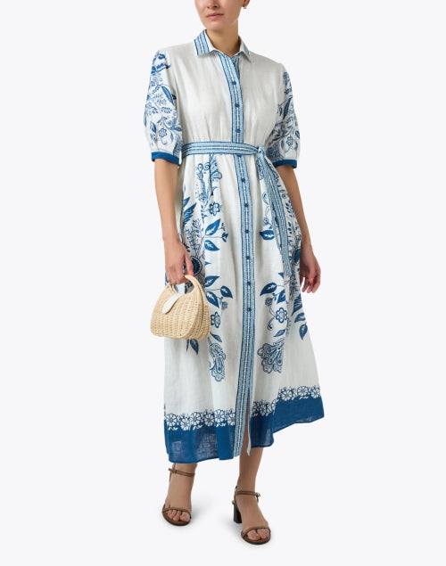 Stylish Blue and White Floral Patterned Linen Women's Summer Dress