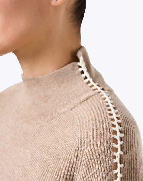 Stylish Taupe Wool - Cashmere Sweater with Sleeve Stripe Details
