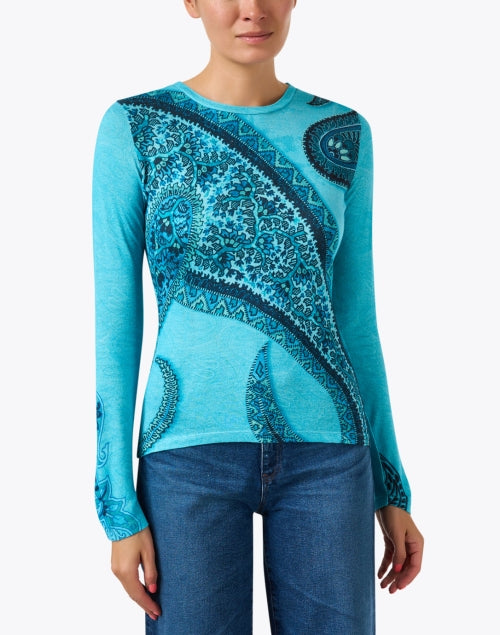 Stylish Blue Paisley-Printed Luxury Bamboo, Cashmere & Silk Blend Sweater