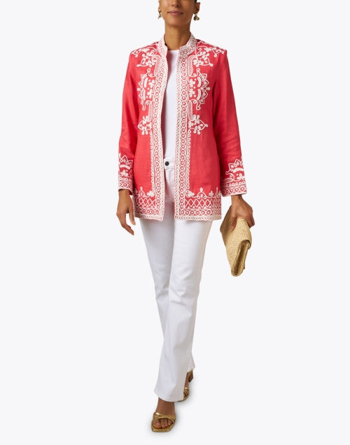 Stunning Hand - Embroidered Coral Linen Ceci Open - Front Jacket