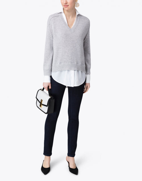 Stylish Vail Grey Cashmere Blend Sweater with White Shirt Detailing