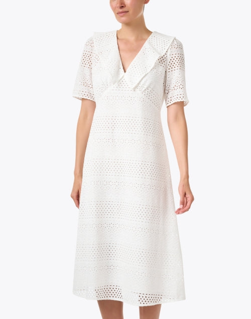 Elegant Ella White Broderie Midi Dress with Ruffle Collar