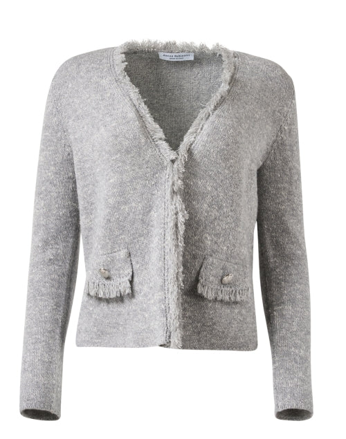 Stylish Rivalta Grey Wool - Silk Blend V - Neck Fringe Trim Cardigan