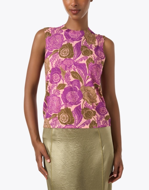 Stylish Pink Multi - Floral Print 100% Wool Sleeveless Top