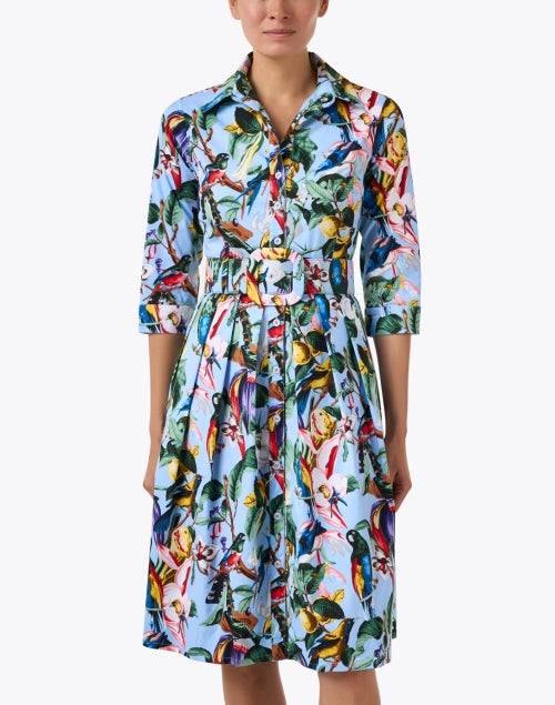 Stretchy Audrey Blue Cotton Dress with Botanical Print