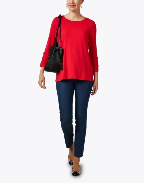 Stunning Red Pima Cotton Women's Ruched Sleeve T-Shirt - A Fashionable Wardrobe Essential
