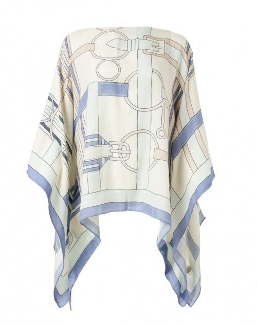Italian-Made Firenze Blue Silk Cashmere Poncho with Saddle Print