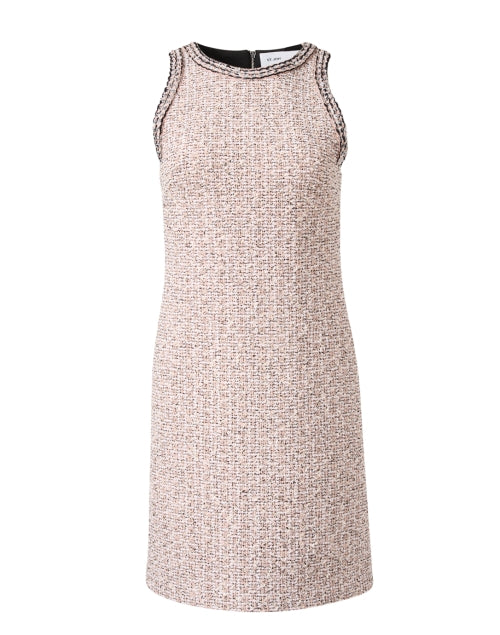 Elegant Pink Boucle Tweed Sheath Dress with Black and White Hints