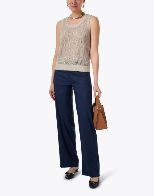 Beige-colored Linen-made Open-knitted Sleeveless Women's Top