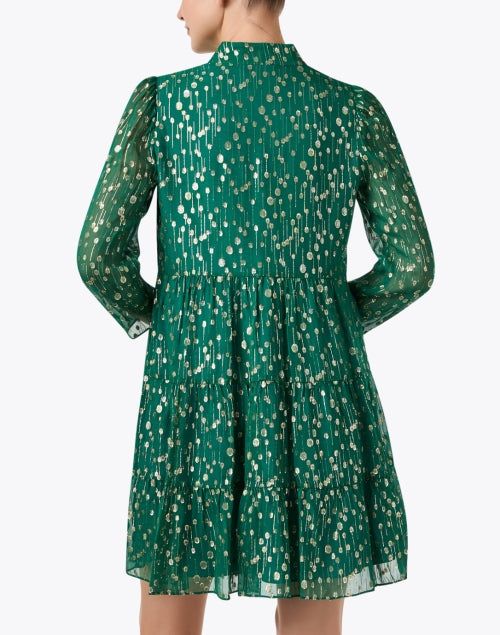 Stylish Green Silk Blend Dress with Metallic Gold Print
