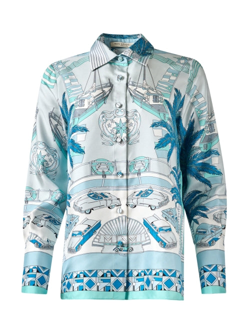 Miami Tropical Motif Blue Silk Men's Casual Shirt
