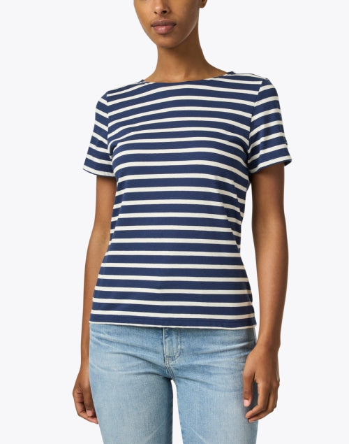 Etrille Stylish Navy and Cream Striped Cotton Casual Top