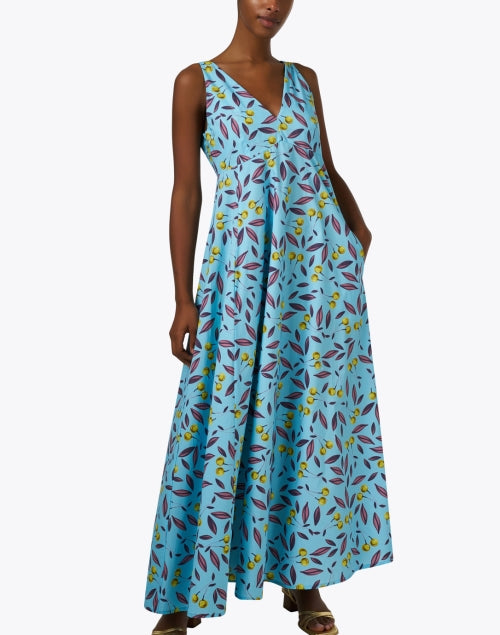 Stylish Blue-Printed 100% Cotton A-Line Maxi Dress by Odeeh