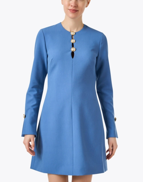 Stylish Blue Button-Detailed Twill Mini A-Line Dress for Women