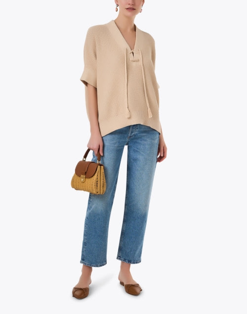Soft Tan Cotton Waffle Knit V-Neck Relaxed Poncho