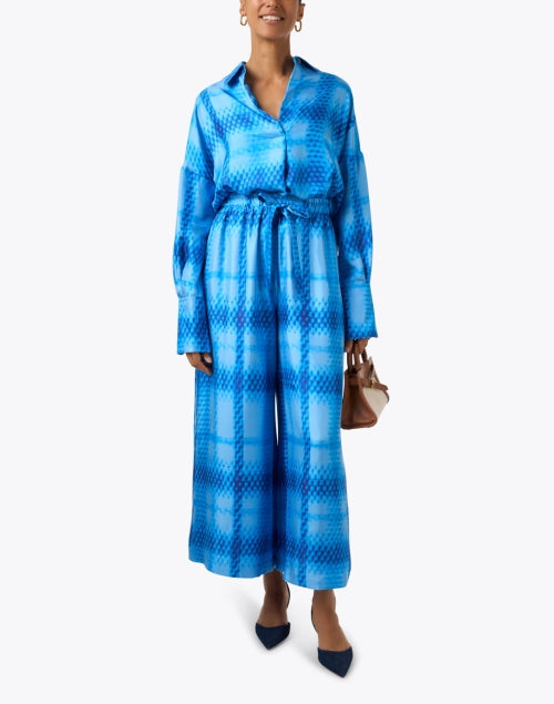 Capri Style Blue Plaid Patterned Wide Leg Silk Women's Pants