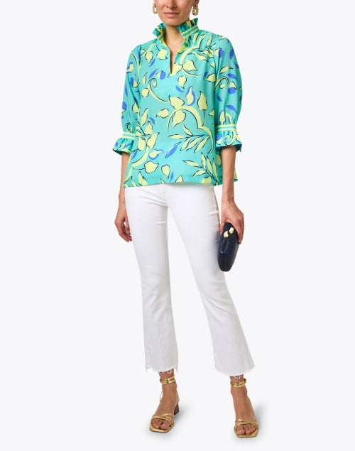 Fashionable Turquoise Floral-Printed Ruffled Women's Tunic for a Feminine Look