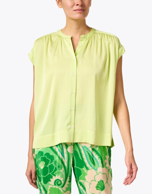 Stunning Stretch Silk Cap-Sleeved Blouse in Bright Chartreuse