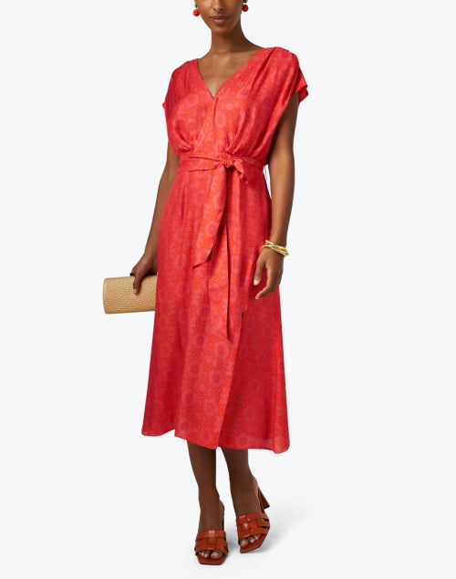 Fara Silk Wrap Dress with Stunning Red Print