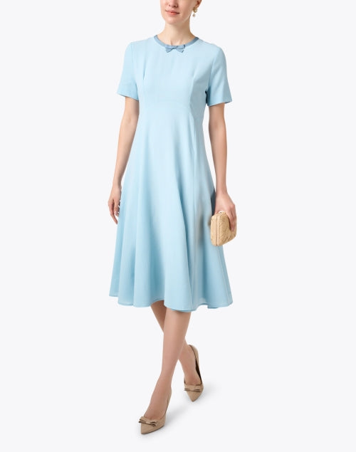 Thea Sky Blue Lightweight Wool Crepe A-Line Women's Dress with Neck Bow