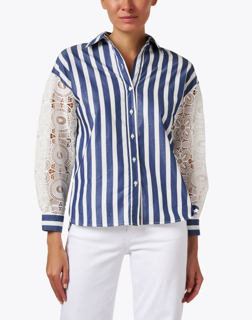Stylish Vernen Blue and White Striped Blouse with Lace Balloon Sleeves