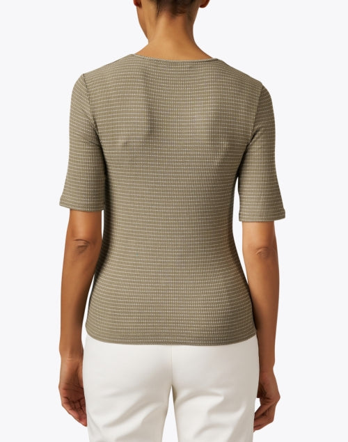 Stylish Green-Striped Stretch Knit Elbow-Length Sleeve Top