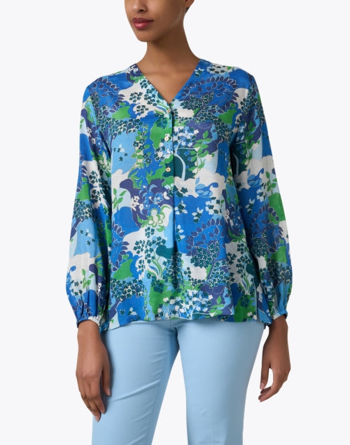 Stylish Ebba Blue Floral Cotton Blend Henley V-Neck Blouse