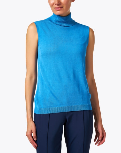 Stylish Lightweight Blue Knit Mock Neck Sleeveless Top
