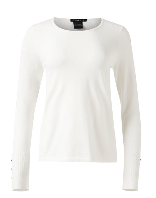 Ivory-colored Knit Crew Neck Top with Button Detailing on Cuffs