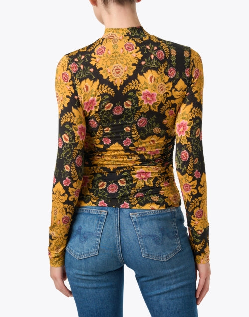Soft Stretch Gold Multi Floral Print Mock Neck Top