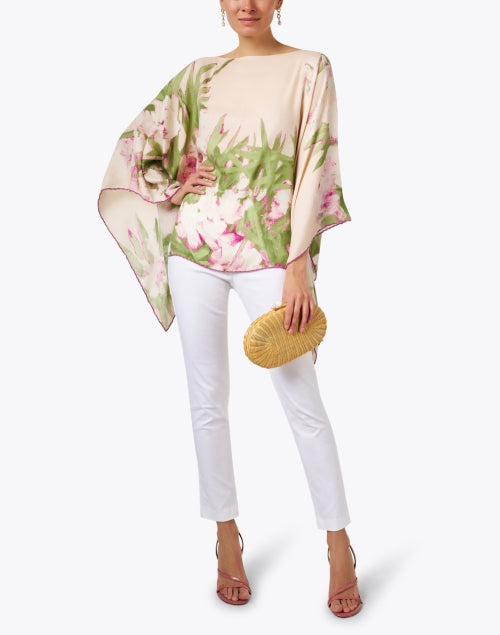 Pink Floral Patterned Luxury Cashmere Silk Women's Poncho Shawl