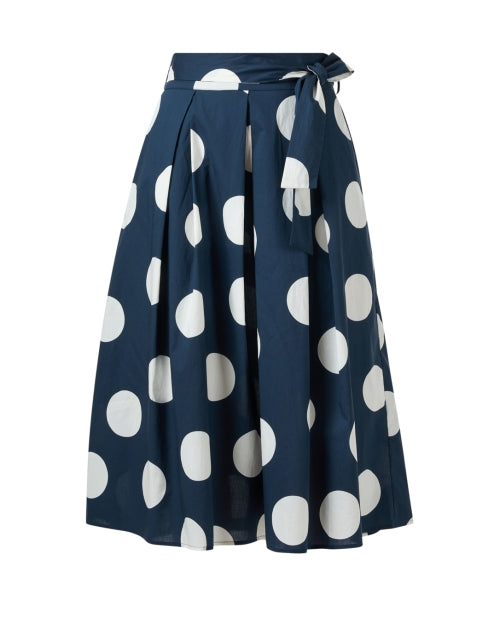 Stylish Navy and White Polka Dot Print Cotton Skirt with Self - Tie Waist Belt