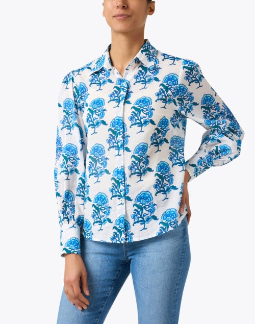 Norwegian Blue and White Floral Patterned 100% Cotton Women's Shirt