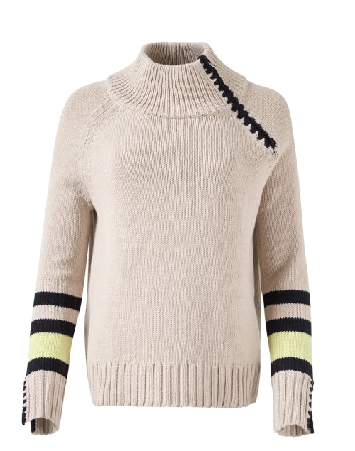 Stylish Beige Zip-up Sweater with Contrast Stitch and Ribbed Trim