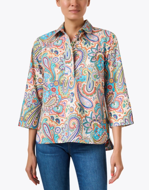 Aileen Multicolored Paisley Cotton Henley Top with Decorative Back Buttons