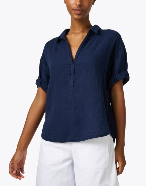 Navy Blue Cotton Gauze Casual Collared Cruz Women's Top