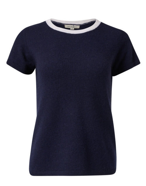 Navy Blue Cashmere Ringer Style Crew Neck Top for Spring and Summer