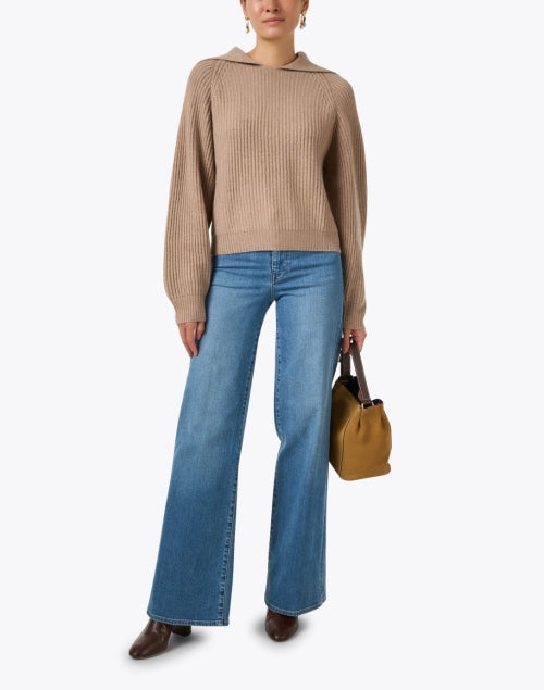 Stylish Taupe Wool - Cashmere Blend Sweater with Oversized Collar and Balloon Sleeves
