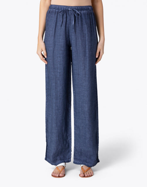 Comfortable Dark Blue Linen Wide-Leg Drawstring Casual Pants