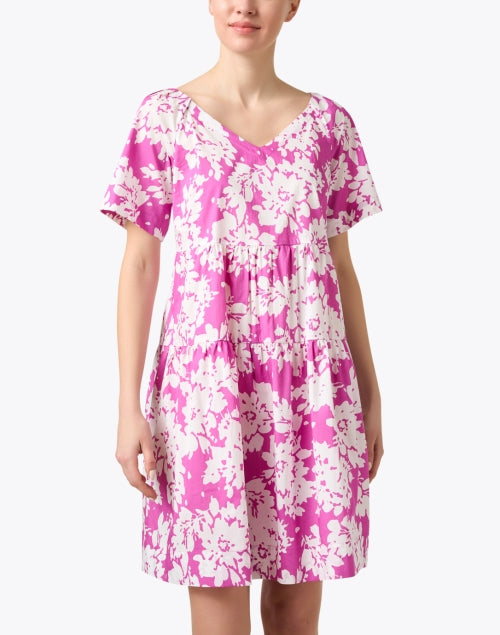 Stylish Relaxed-Fit Purple and White Floral Cotton Tiered Dress