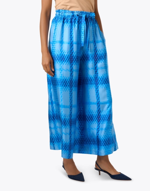 Capri Style Blue Plaid Patterned Wide Leg Silk Women's Pants