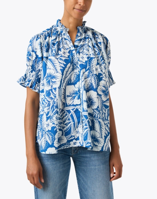 Stylish Marnie Women's Blue Floral Cotton Casual Top