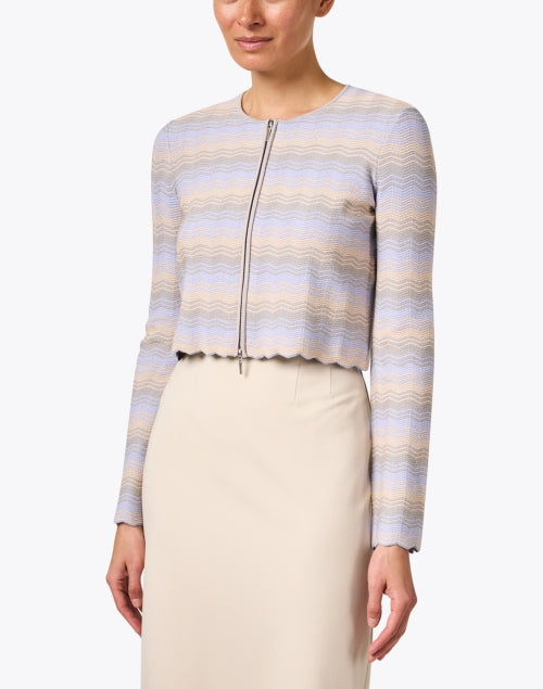 Stylish Muted Grey and Pink Chevron Patterned Knit Women's Jacket for Layering