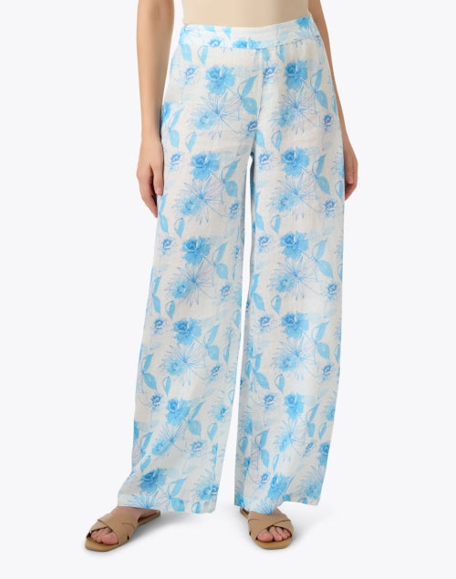 Stylish Blue and White Floral Print Wide-Leg Lightweight Linen Pants