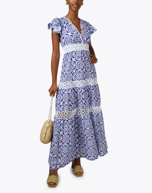 Stylish Blue Geometric Print 100% Linen Women's Maxi Dress